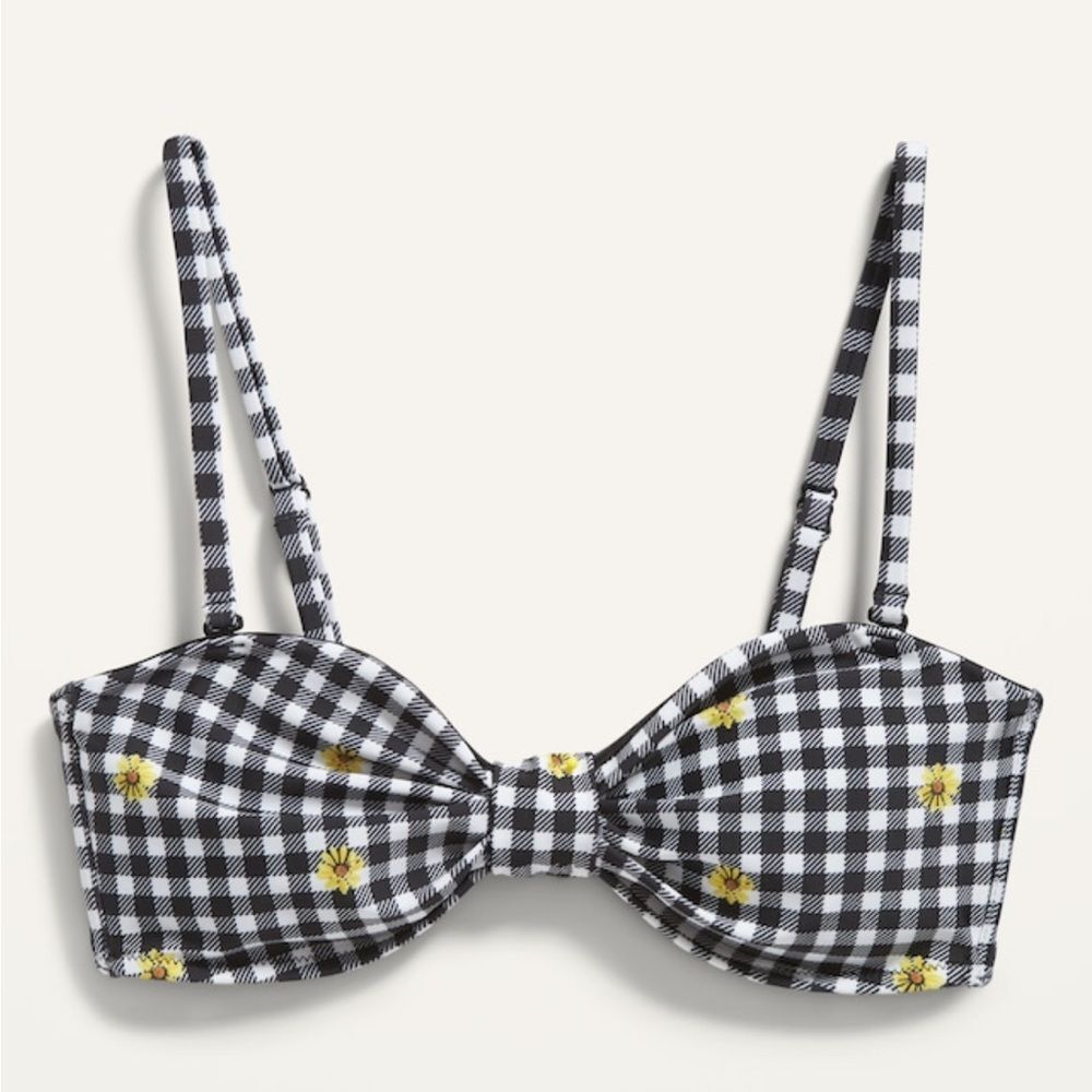 Old Navy Black and White Gingham Bikini Top with Yellow Floral Accents